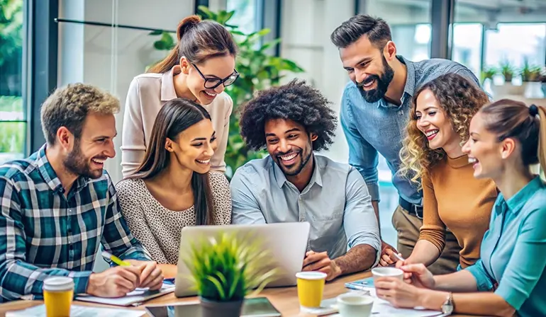 Group of people working together, smiling, different genders