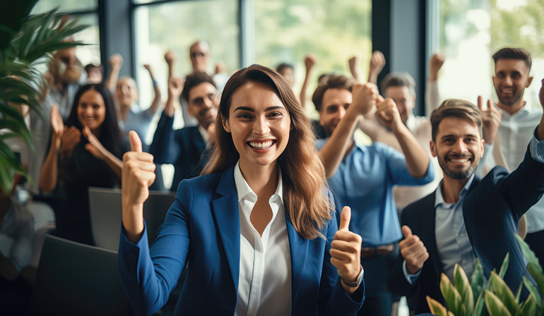 Group of Professionals showing thumbs up, happy and smiling faces, In an office environment